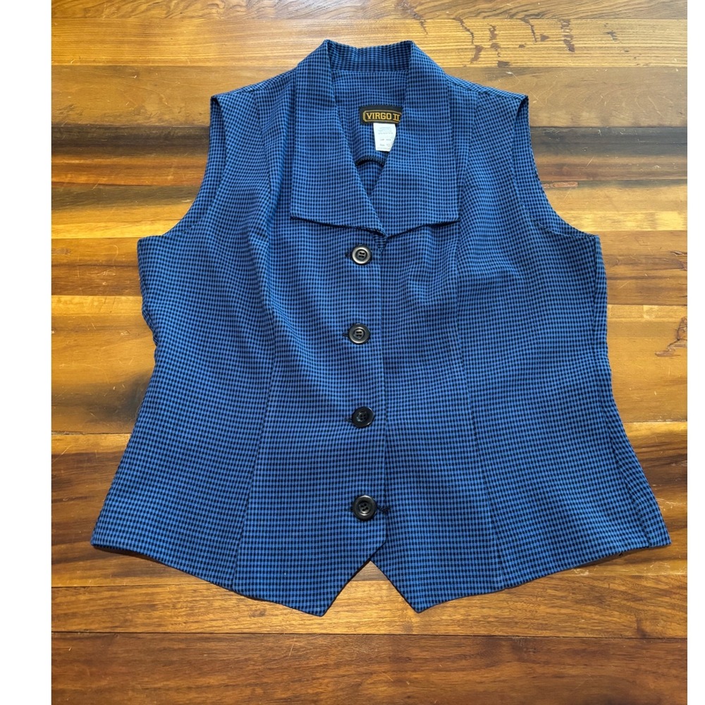 Virgo II Vintage Blue Gingham Check Button Front Waistcoat Vest Size 12 USA Made